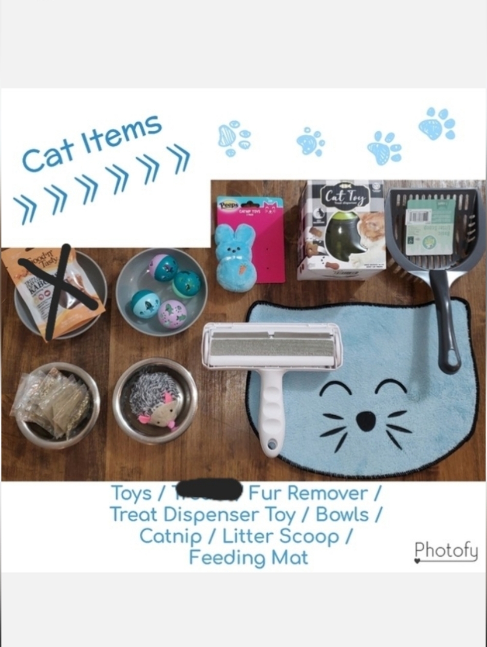 14+ Cat Items Lot - Toys / Fur Remover / Treat Dispenser / Bowls / Mat